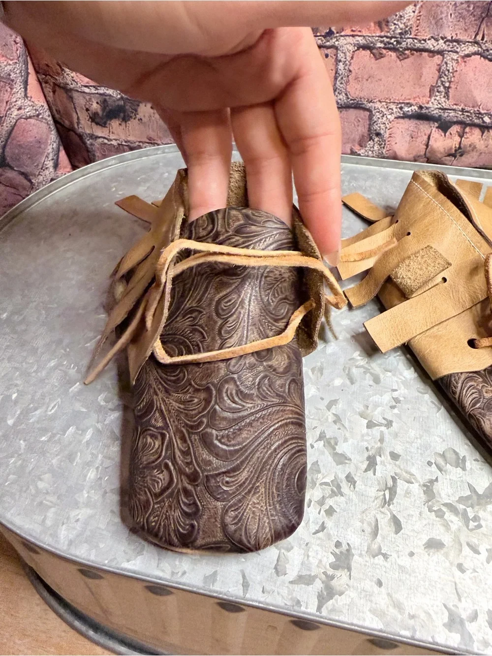 Kids Tan & Brown Leather Fringe Moccasins